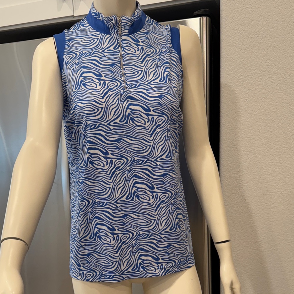 Sport Haley women's sleeveless golf polo with a blue and white print. L